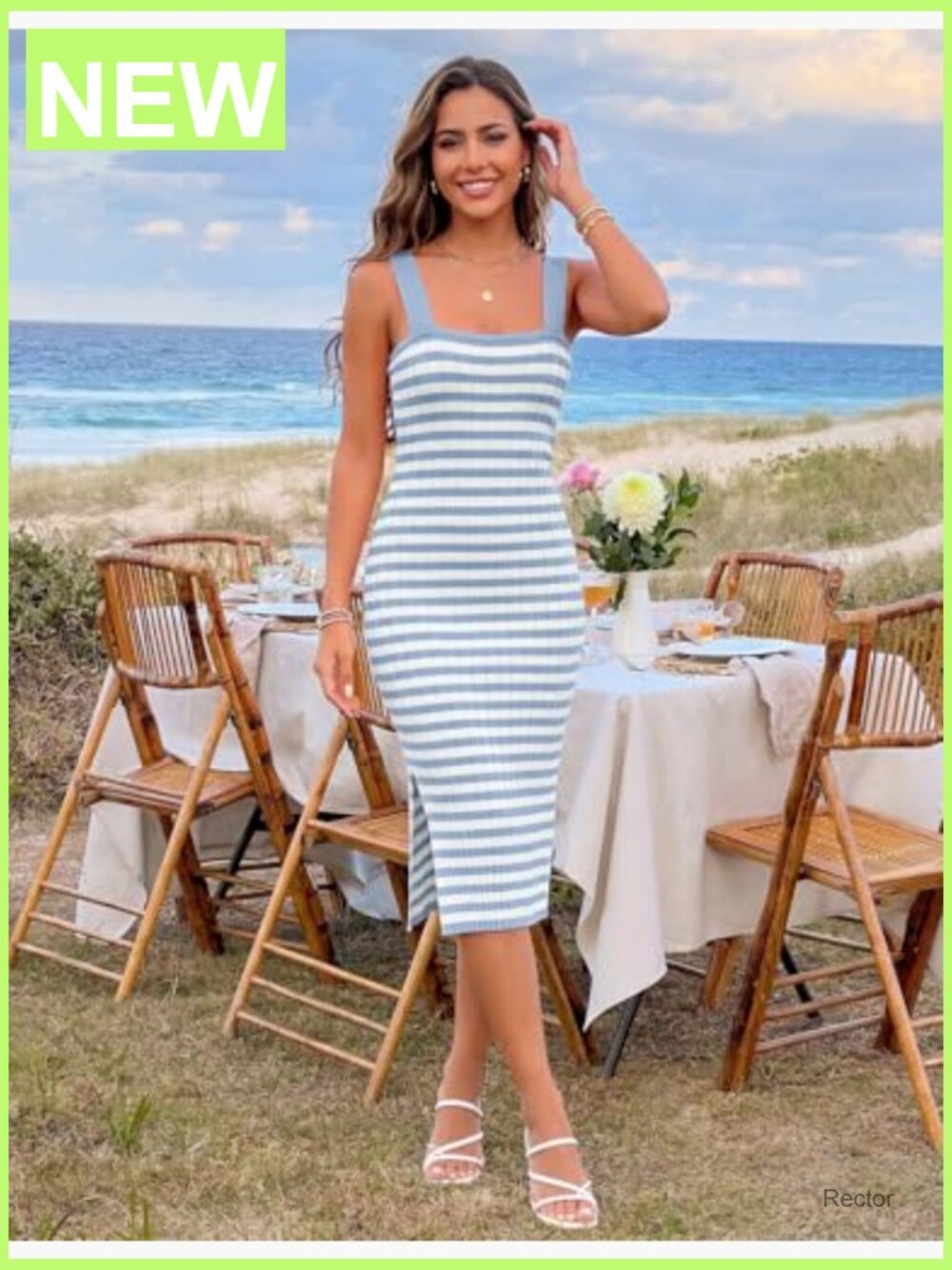 Sleeveless Ribbed Knit Bodycon Midi Dress Square Neck Side Slit - Picture 2 of 7